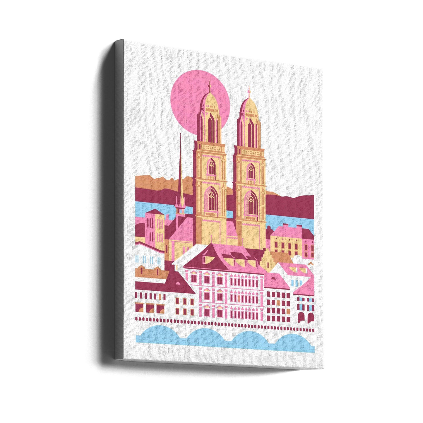 Ciudad de Zúrich, Suiza. Montañas suizas de verano. Ilustración de la ciudad. Vintage. Posters - Impresiones de Arte | Impresiones en Lienzo