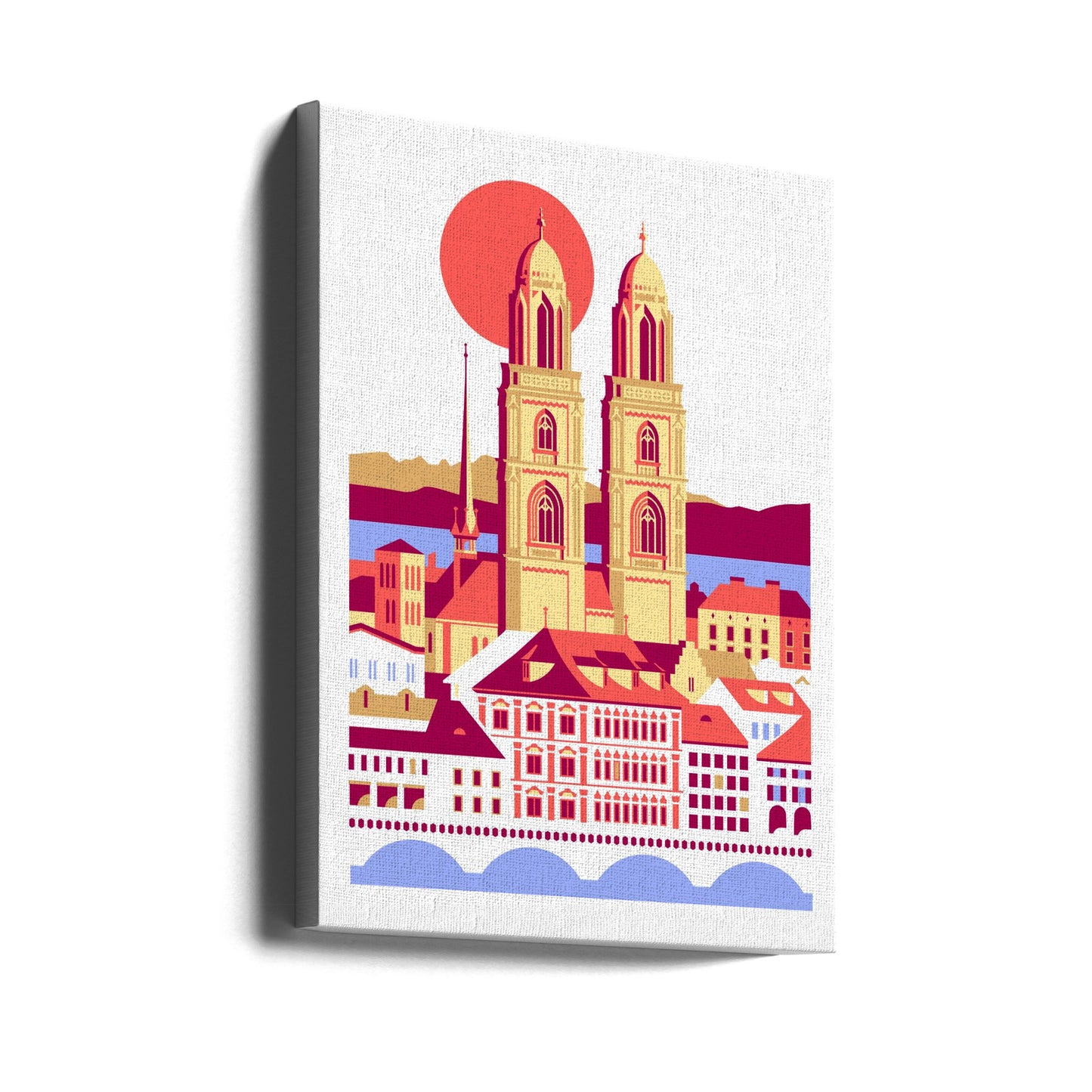 Ciudad de Zúrich, Suiza. Montañas suizas de verano. Ilustración de la ciudad. Vintage. Posters - Impresiones de Arte | Impresiones en Lienzo