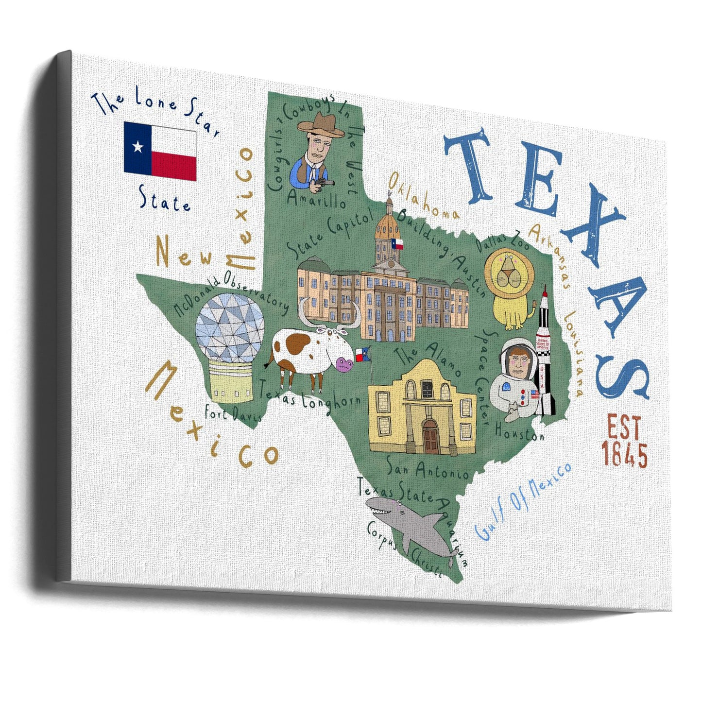 Mapa del estado de Texas ilustrado por la artista Carla Daly | Impresiones en Lienzo