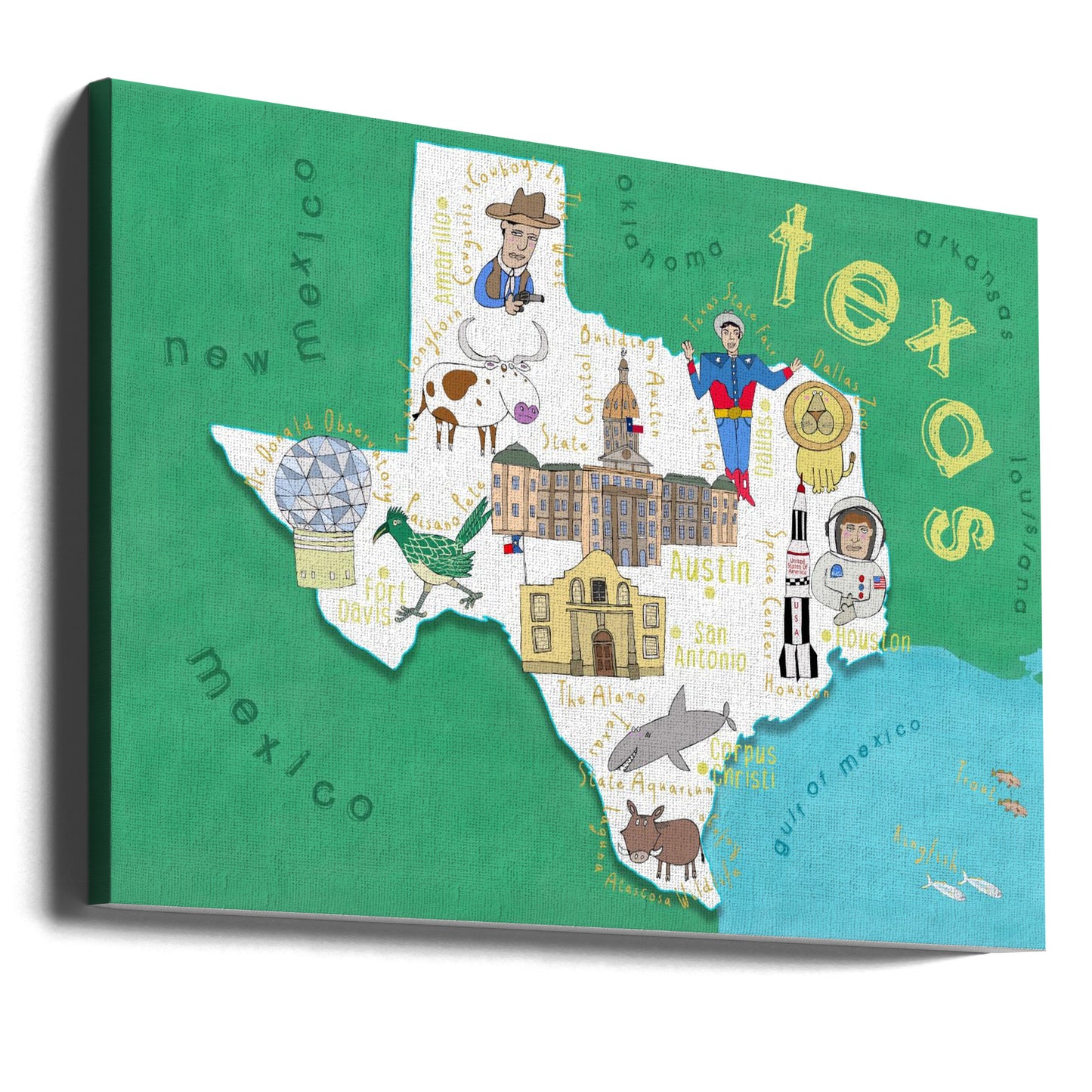 Ilustración del mapa del estado de Texas por la artista de mapas Carla Daly | Impresiones en Lienzo