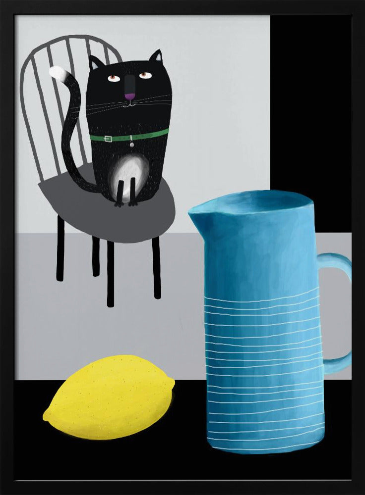 Cute Black Cat sitting on a Chair with Blue Vase and Lemon | Poster
