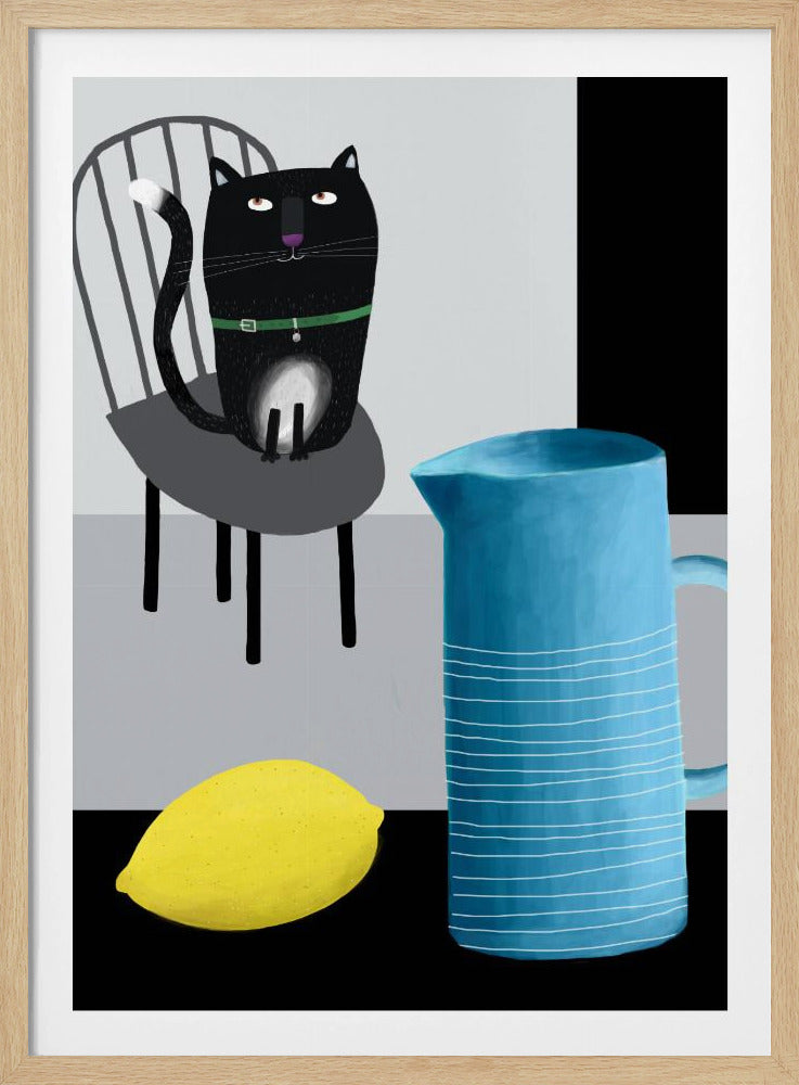 Cute Black Cat sitting on a Chair with Blue Vase and Lemon | Poster