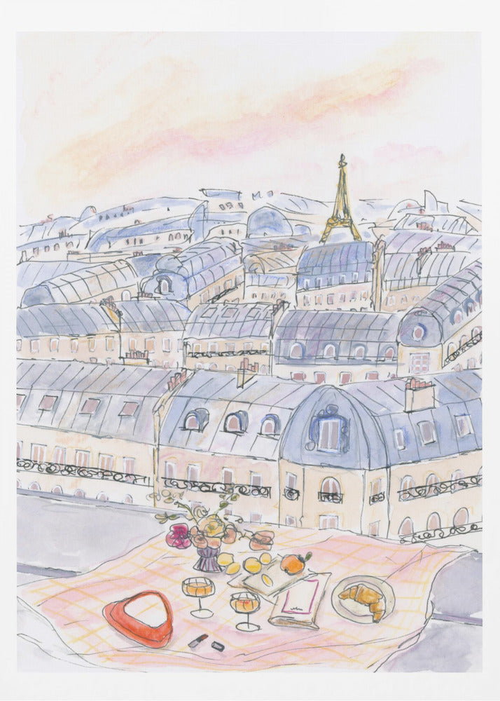 Parisisk takpicknick med utsikt över Eiffeltornet | Poster