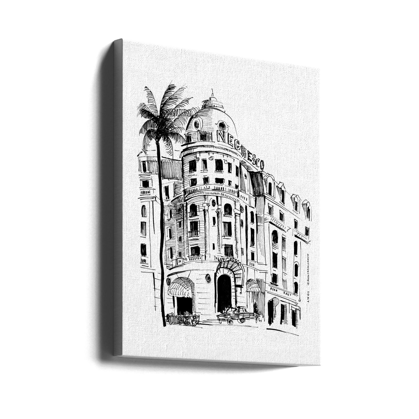 Nice, Lazurowe Wybrzeże, wydruk artystyczny z rysunkiem architektonicznym hotelu Negresco | Wydruki na łótnie