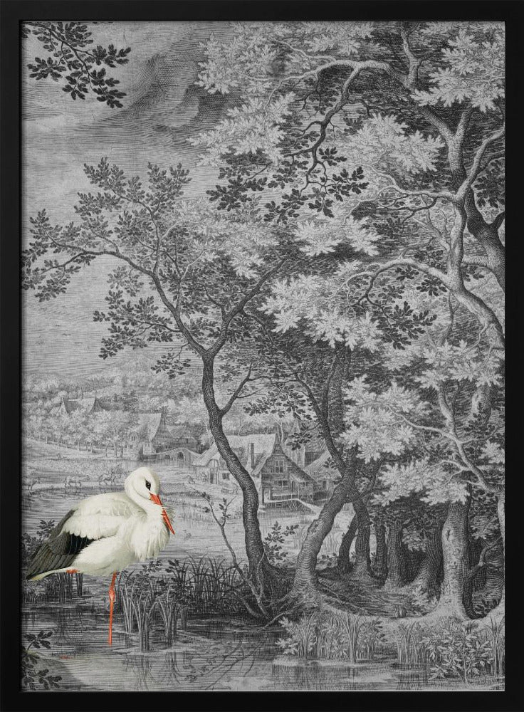 Vintagelandskap med stork | Poster