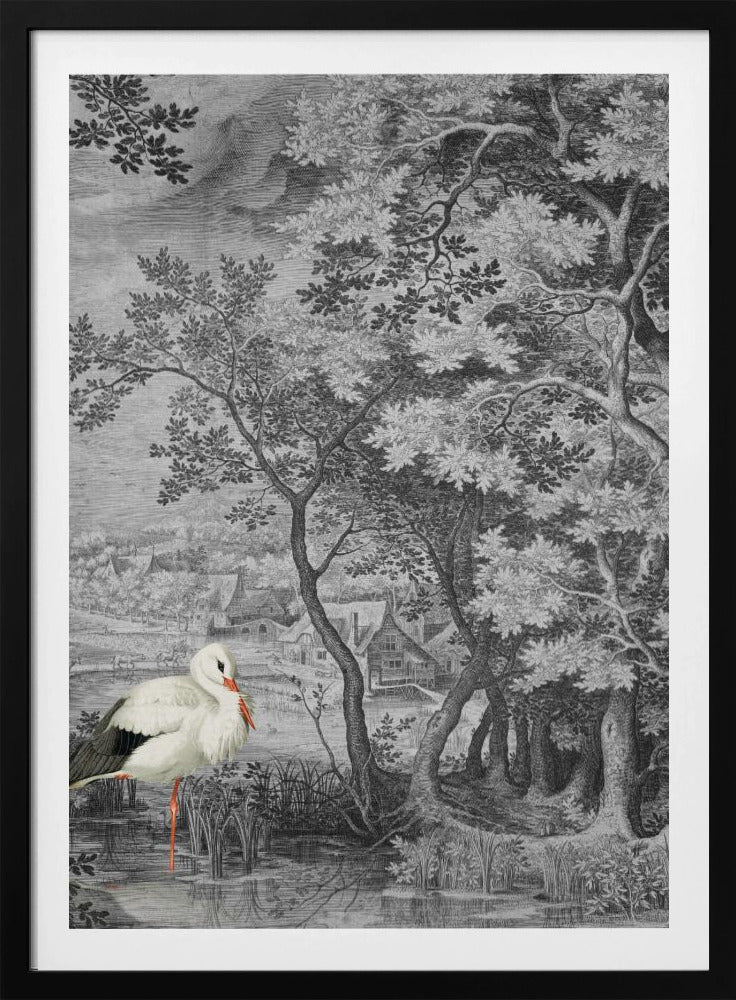 Vintagelandskap med stork | Poster
