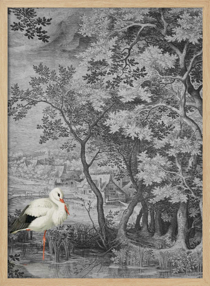 Vintagelandskap med stork | Poster