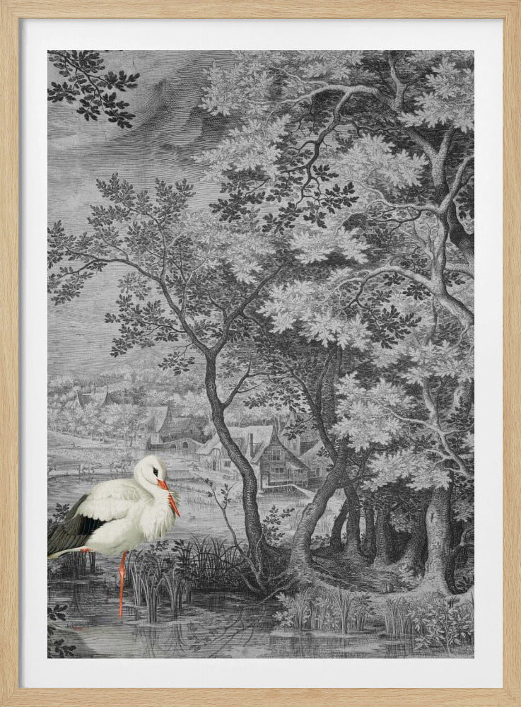 Vintagelandskap med stork | Poster