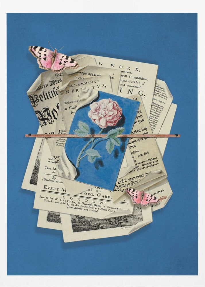 Pink Rose Surrounded By Vintage Paper | Poster