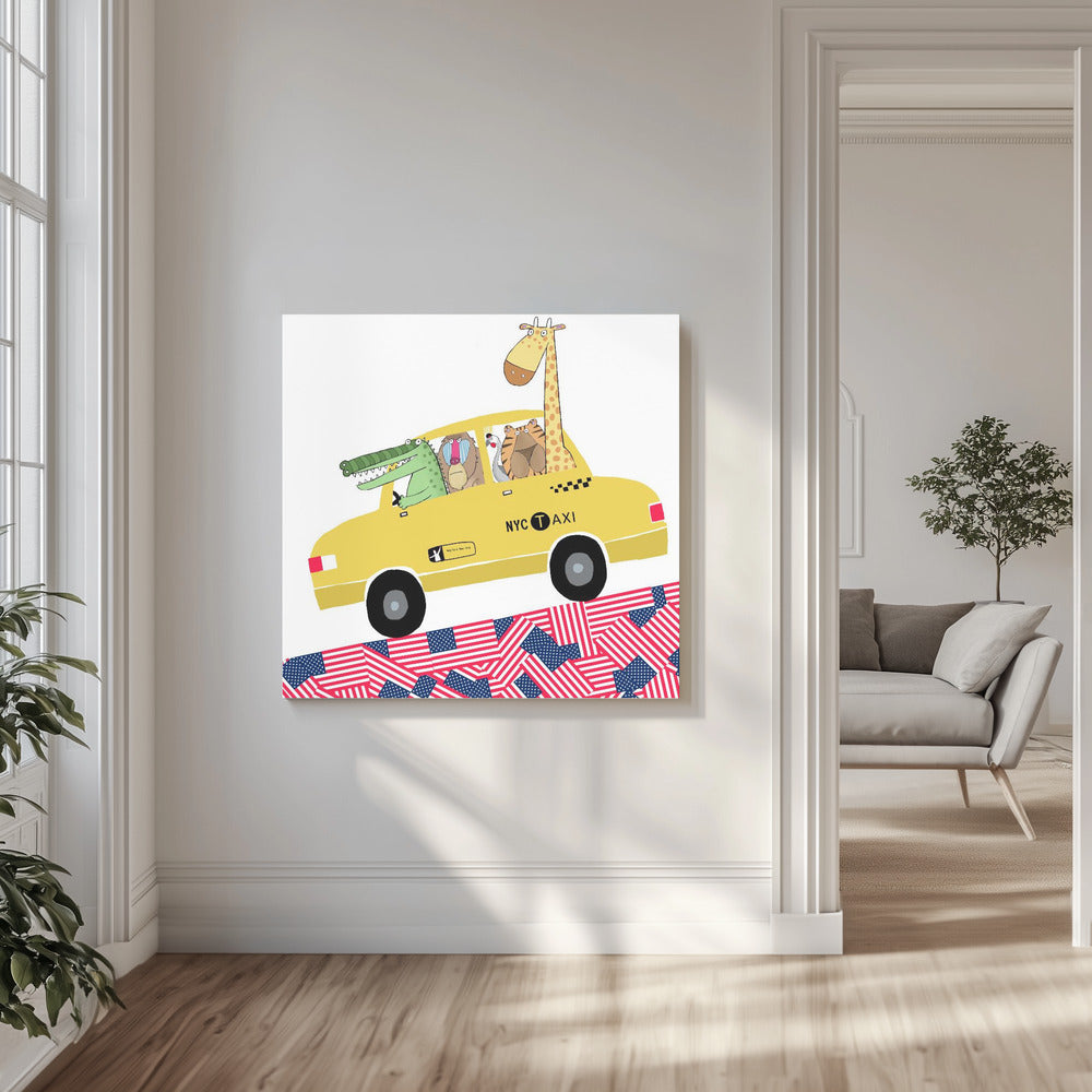 Animales divertidos en un taxi amarillo de Nueva York por la artista Carla Daly | Impresiones en Lienzo