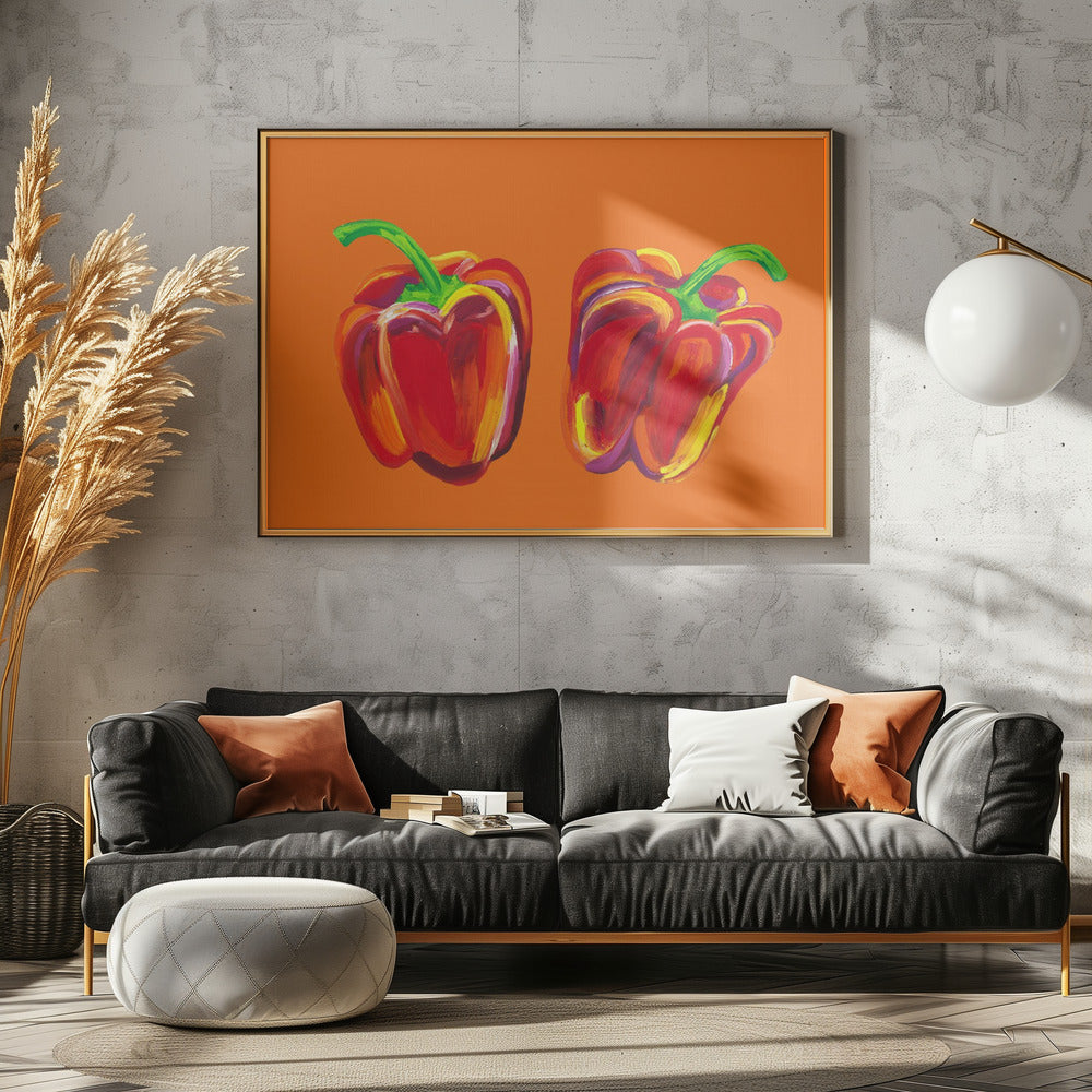 Paprika auf Orange | Poster - Kunstdruck