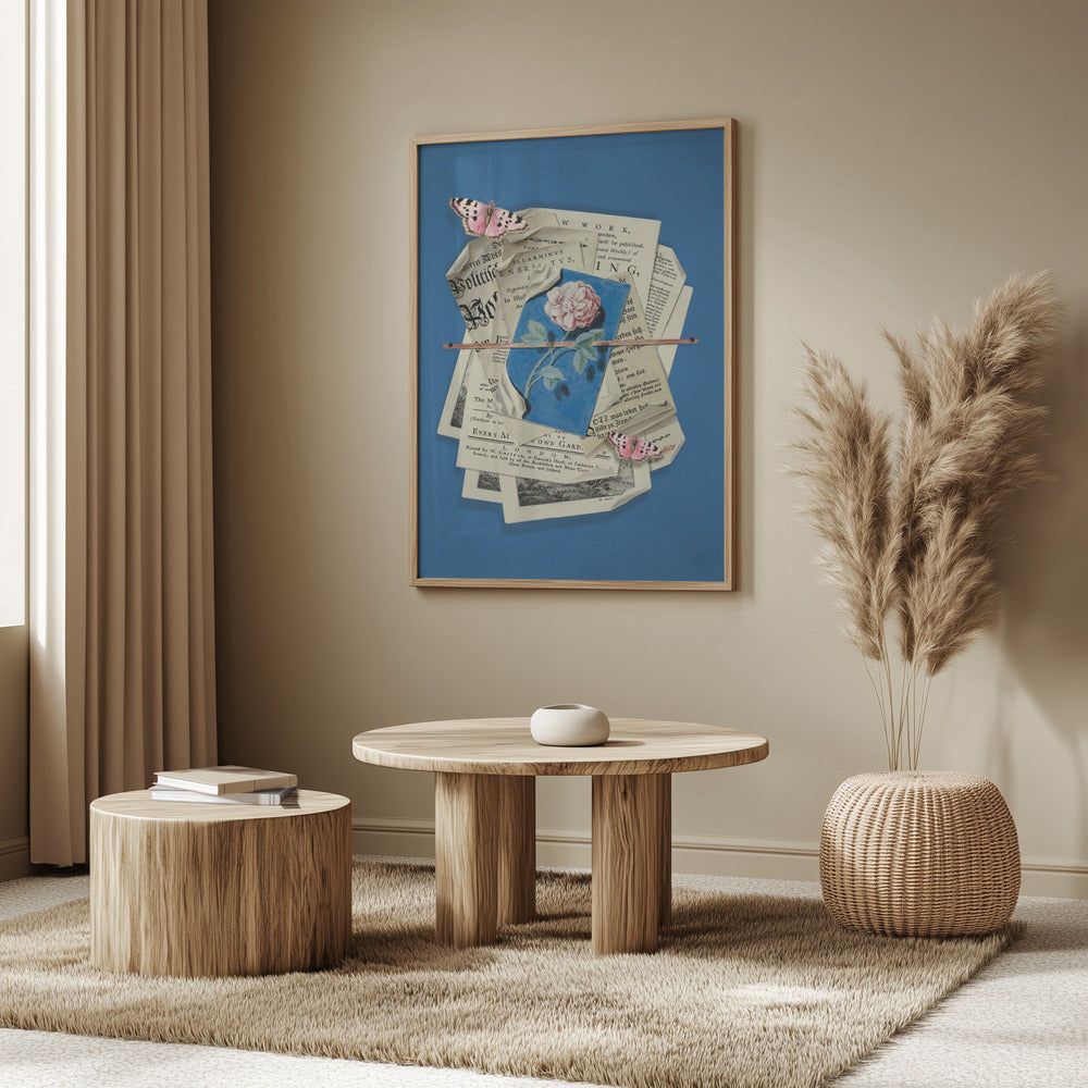 Pink Rose Surrounded By Vintage Paper | Poster