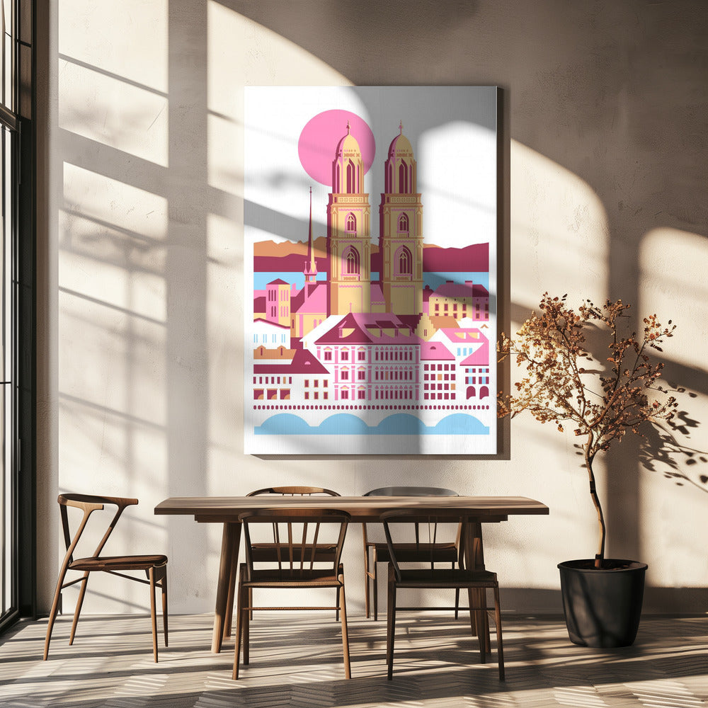 Ciudad de Zúrich, Suiza. Montañas suizas de verano. Ilustración de la ciudad. Vintage. Posters - Impresiones de Arte | Impresiones en Lienzo
