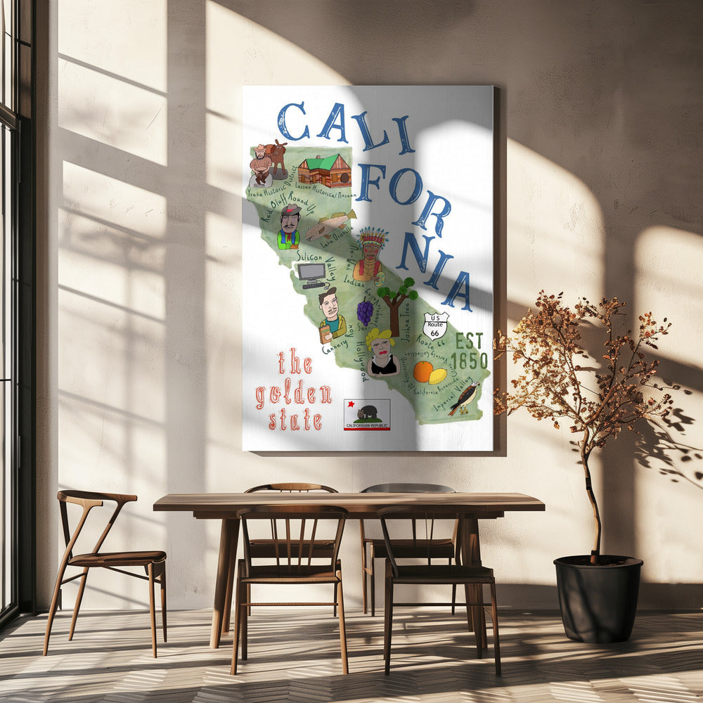 Mapa ilustrado de California con iconos estatales por Carla Daly | Impresiones en Lienzo