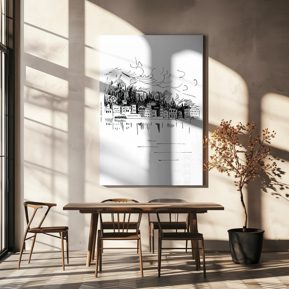 Stampa artistica di paesaggio italiano, disegno del lago di Como e Milano | Stampe su Tela