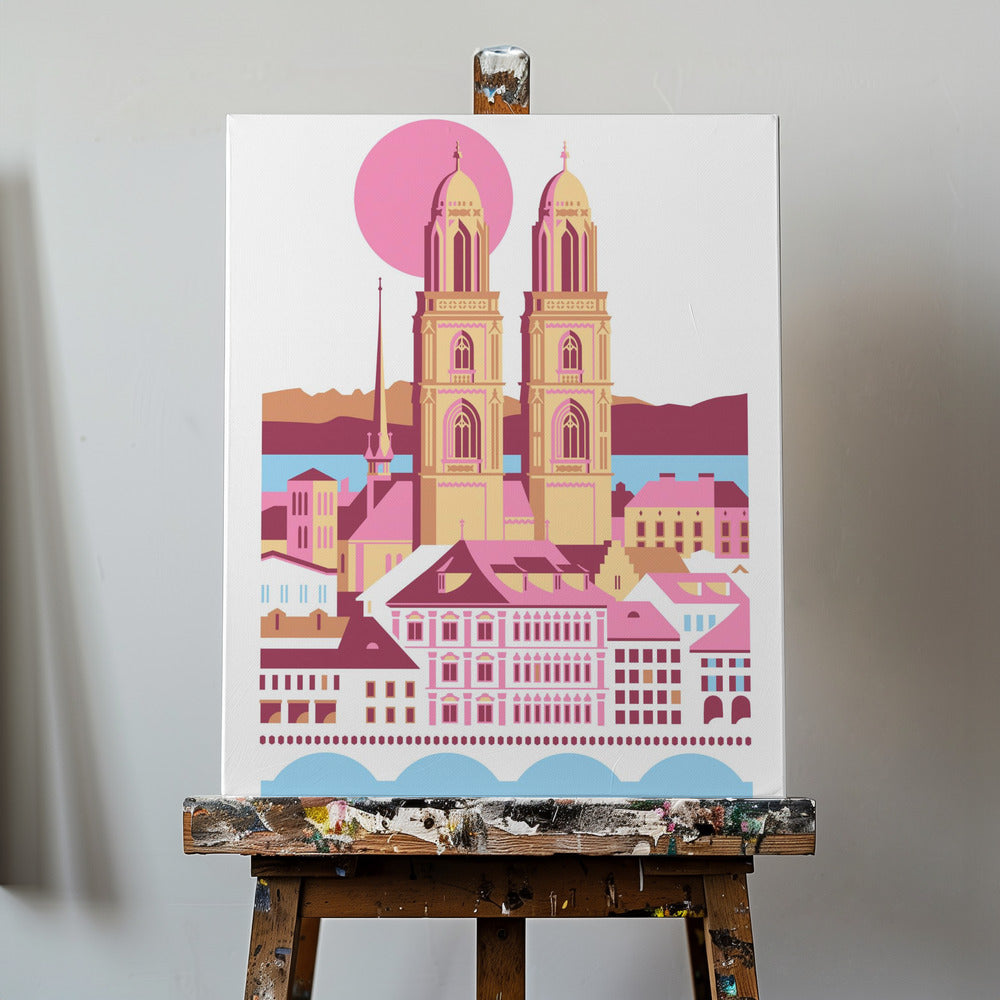 Ciudad de Zúrich, Suiza. Montañas suizas de verano. Ilustración de la ciudad. Vintage. Posters - Impresiones de Arte | Impresiones en Lienzo