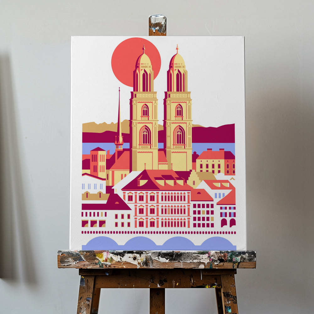 Ciudad de Zúrich, Suiza. Montañas suizas de verano. Ilustración de la ciudad. Vintage. Posters - Impresiones de Arte | Impresiones en Lienzo