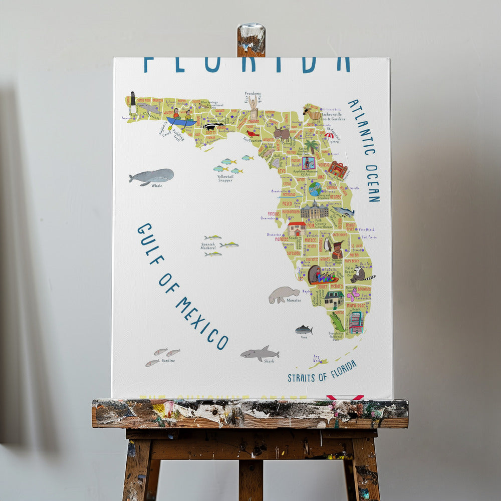 Mapa ilustrado de Florida por la artista Carla Daly | Impresiones en Lienzo