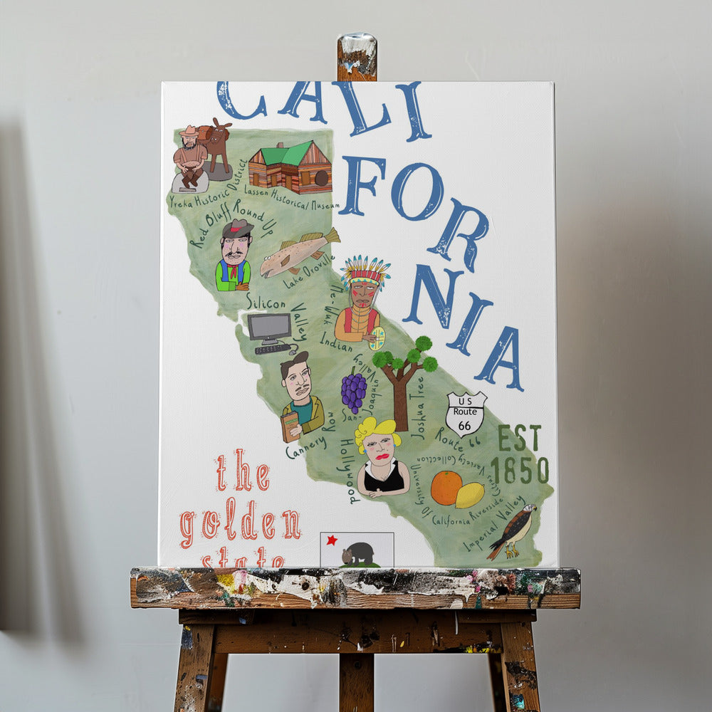 Mapa ilustrado de California con iconos estatales por Carla Daly | Impresiones en Lienzo