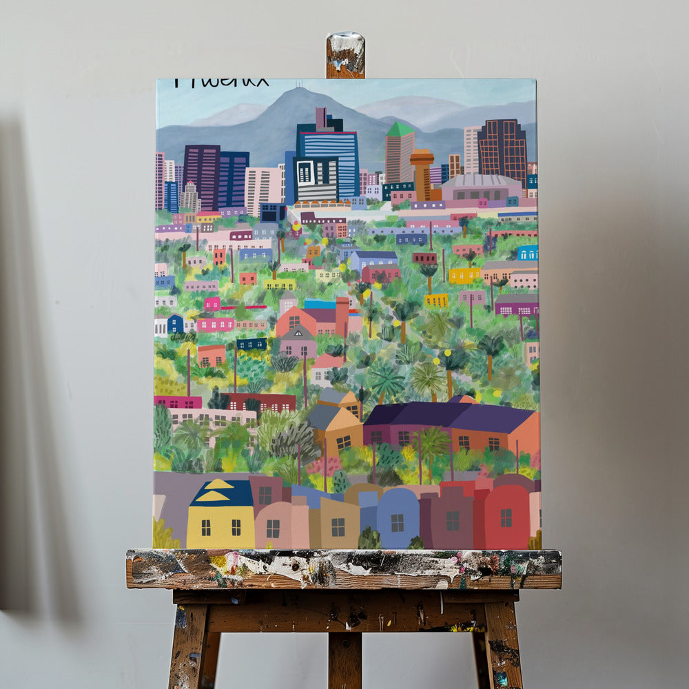 Utsikt over Phoenix, Arizona. Illustrert av kunstneren Carla Daly. Lerretsbilder