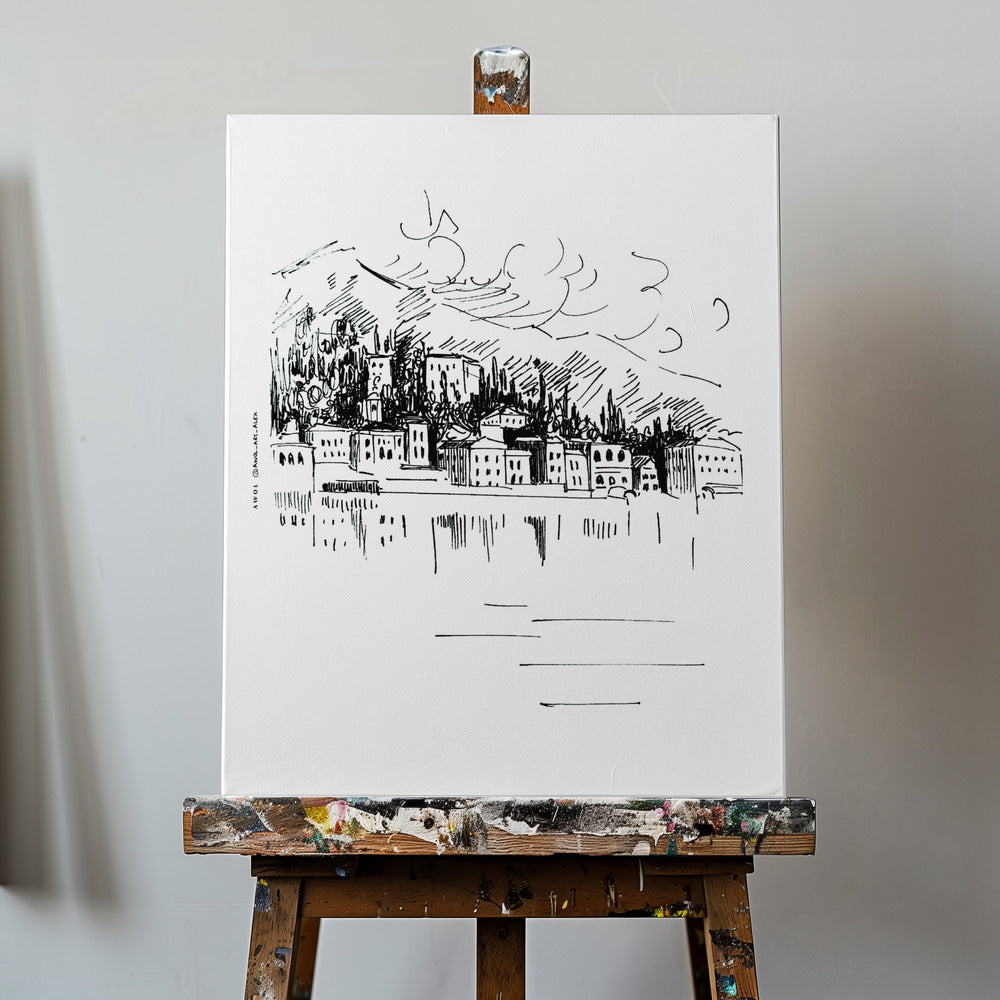 Stampa artistica di paesaggio italiano, disegno del lago di Como e Milano | Stampe su Tela