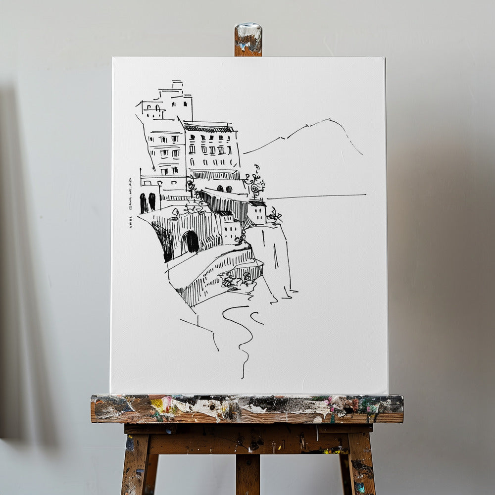 Arte paisajístico italiano, pequeños pueblos de la costa de Amalfi junto al mar | Impresiones en Lienzo