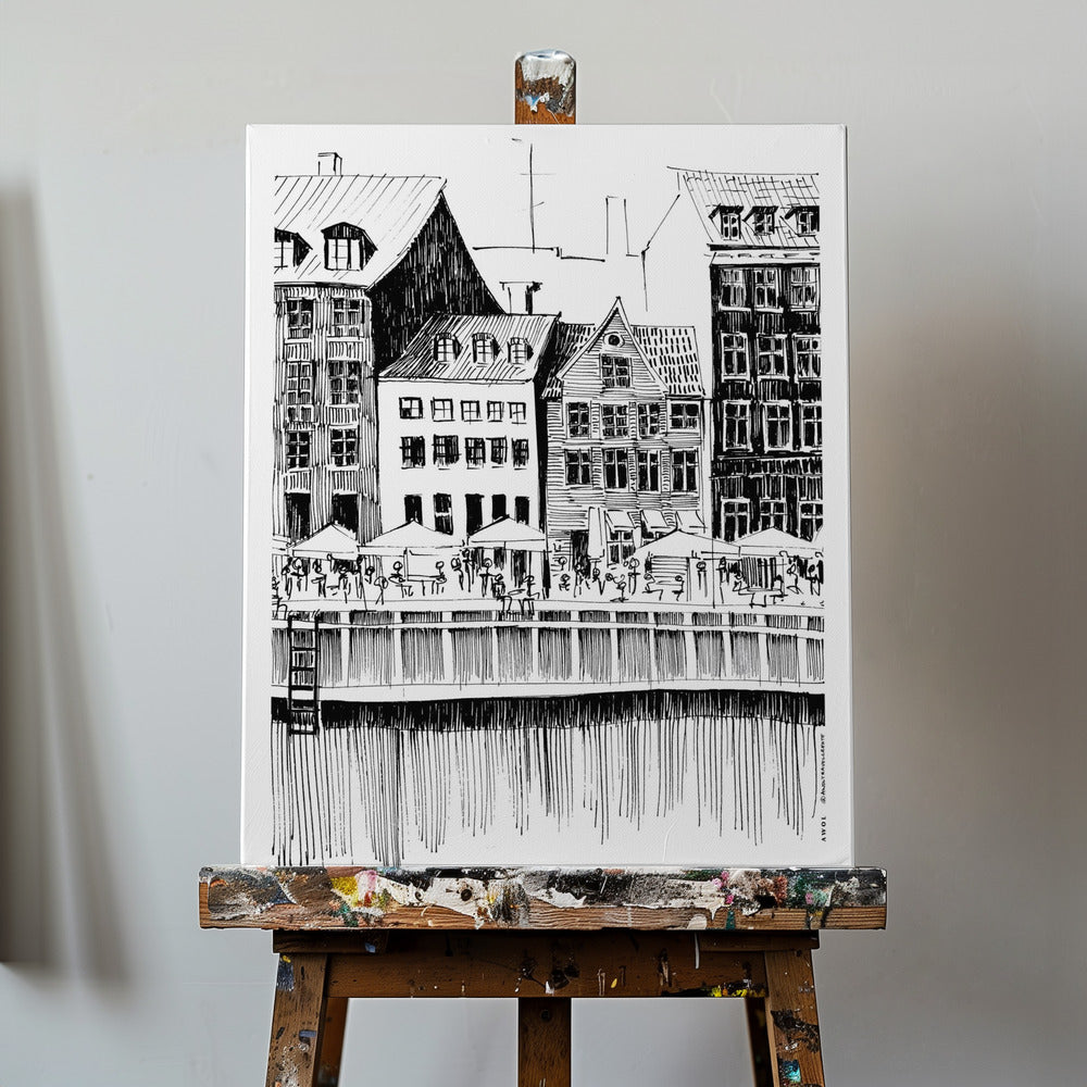 Københavns kunsttryk, Danmark rejseillustration med caféer på vandet | Lærredsbilleder