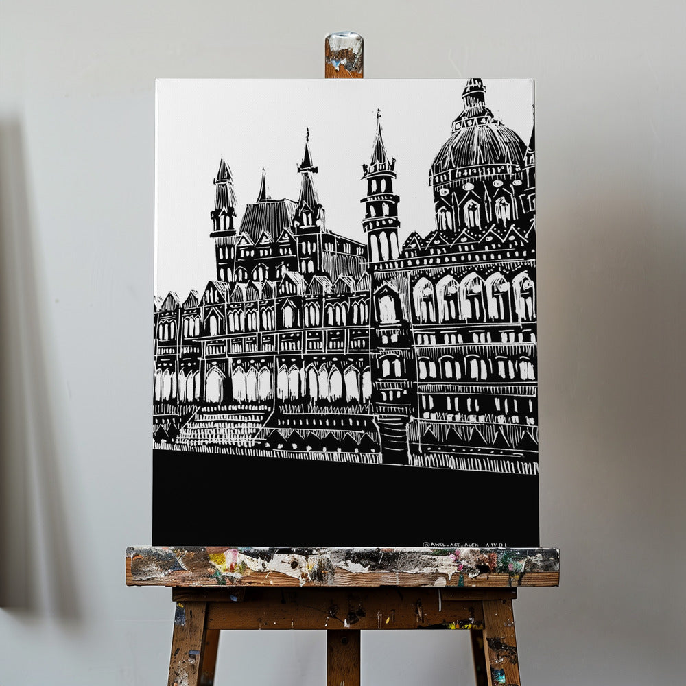 Arte de la ciudad de Budapest, Hungría, dibujo de arquitectura en blanco y negro | Impresiones en Lienzo
