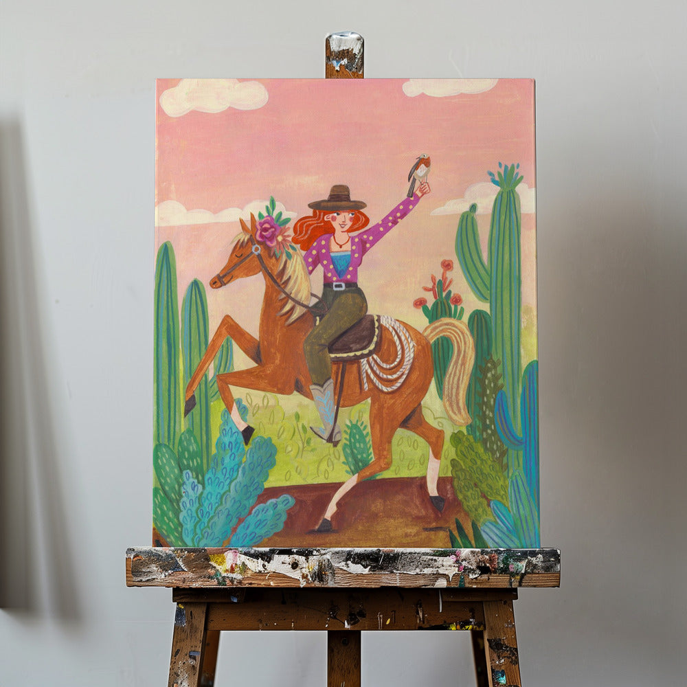 Cowgirl på häst i öknen | Canvas