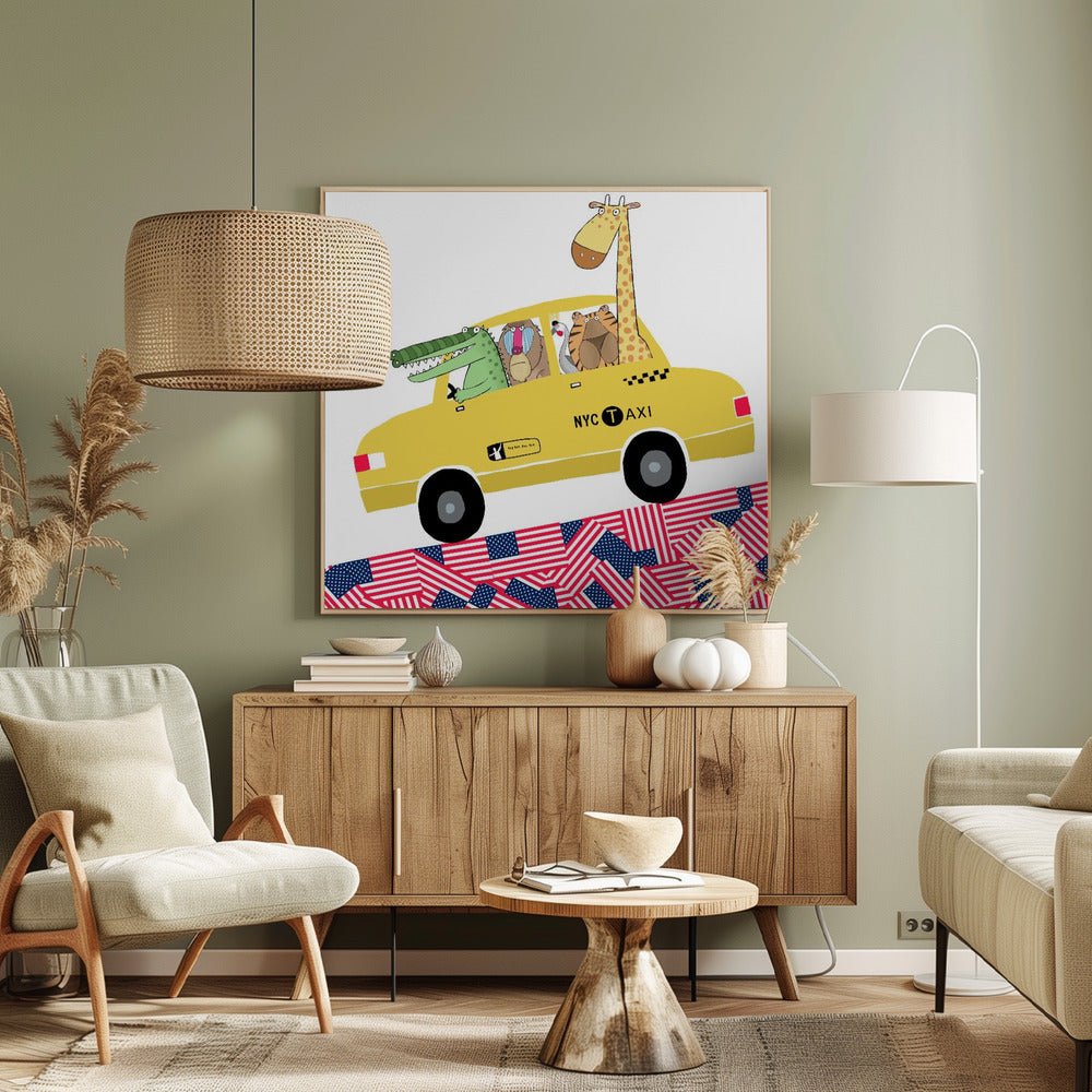 Animales divertidos en un taxi amarillo de Nueva York por la artista Carla Daly | Impresiones en Lienzo
