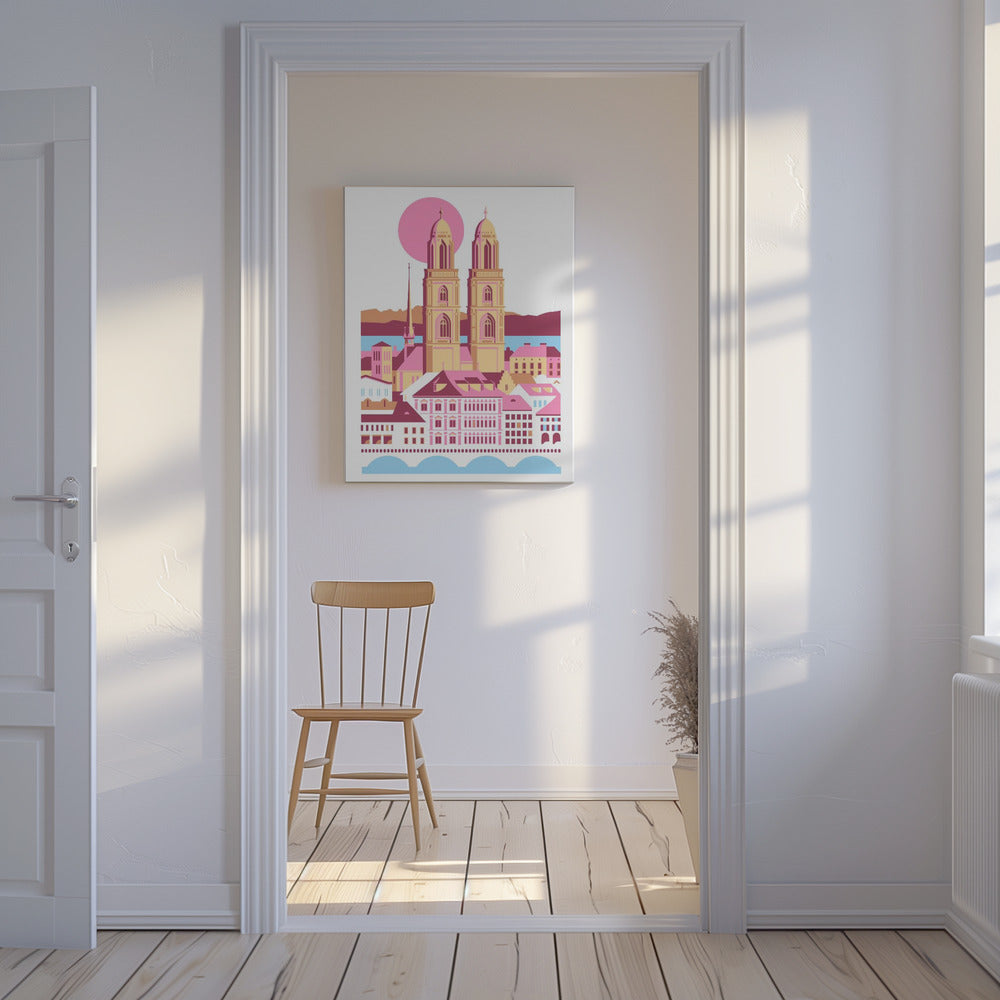 Ciudad de Zúrich, Suiza. Montañas suizas de verano. Ilustración de la ciudad. Vintage. Posters - Impresiones de Arte | Impresiones en Lienzo