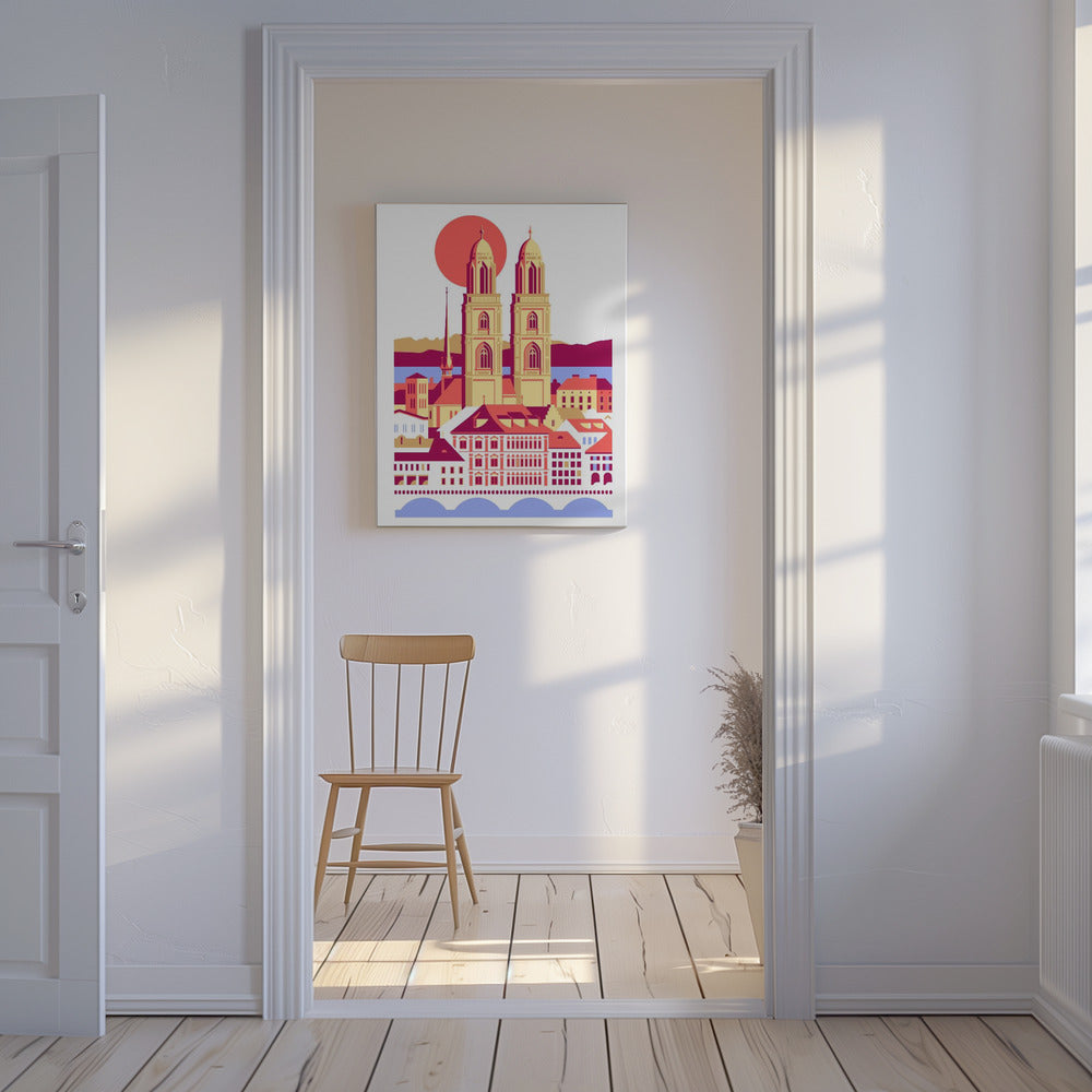 Ciudad de Zúrich, Suiza. Montañas suizas de verano. Ilustración de la ciudad. Vintage. Posters - Impresiones de Arte | Impresiones en Lienzo