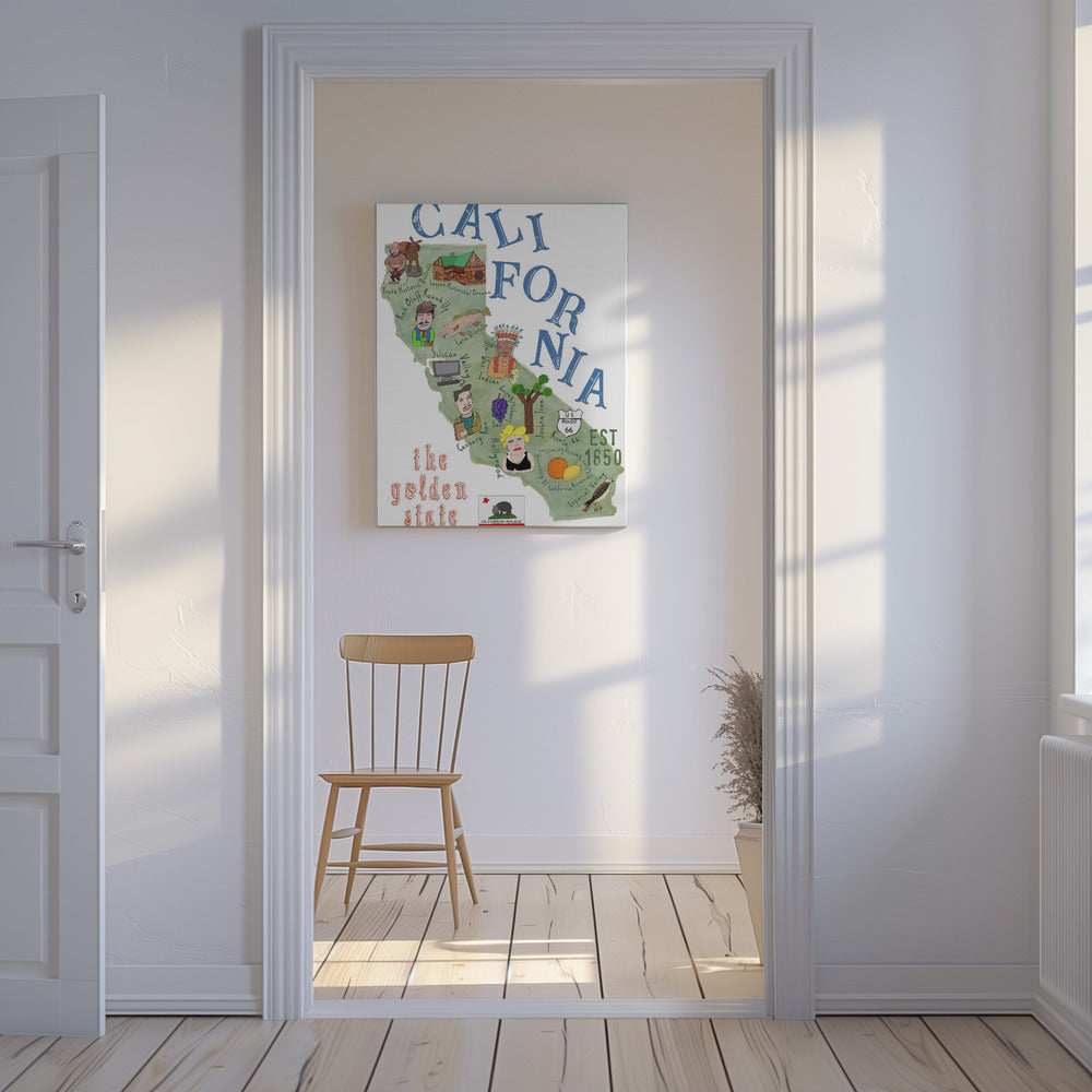Mapa ilustrado de California con iconos estatales por Carla Daly | Impresiones en Lienzo