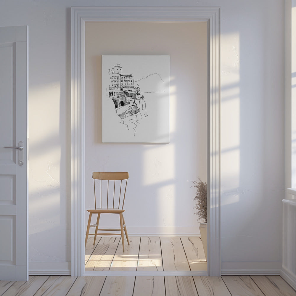 Arte paisajístico italiano, pequeños pueblos de la costa de Amalfi junto al mar | Impresiones en Lienzo