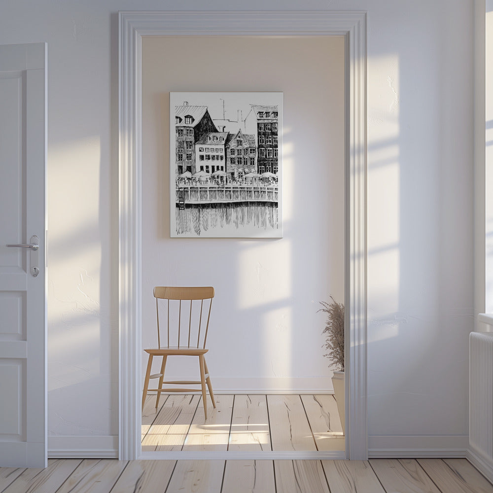 Københavns kunsttryk, Danmark rejseillustration med caféer på vandet | Lærredsbilleder