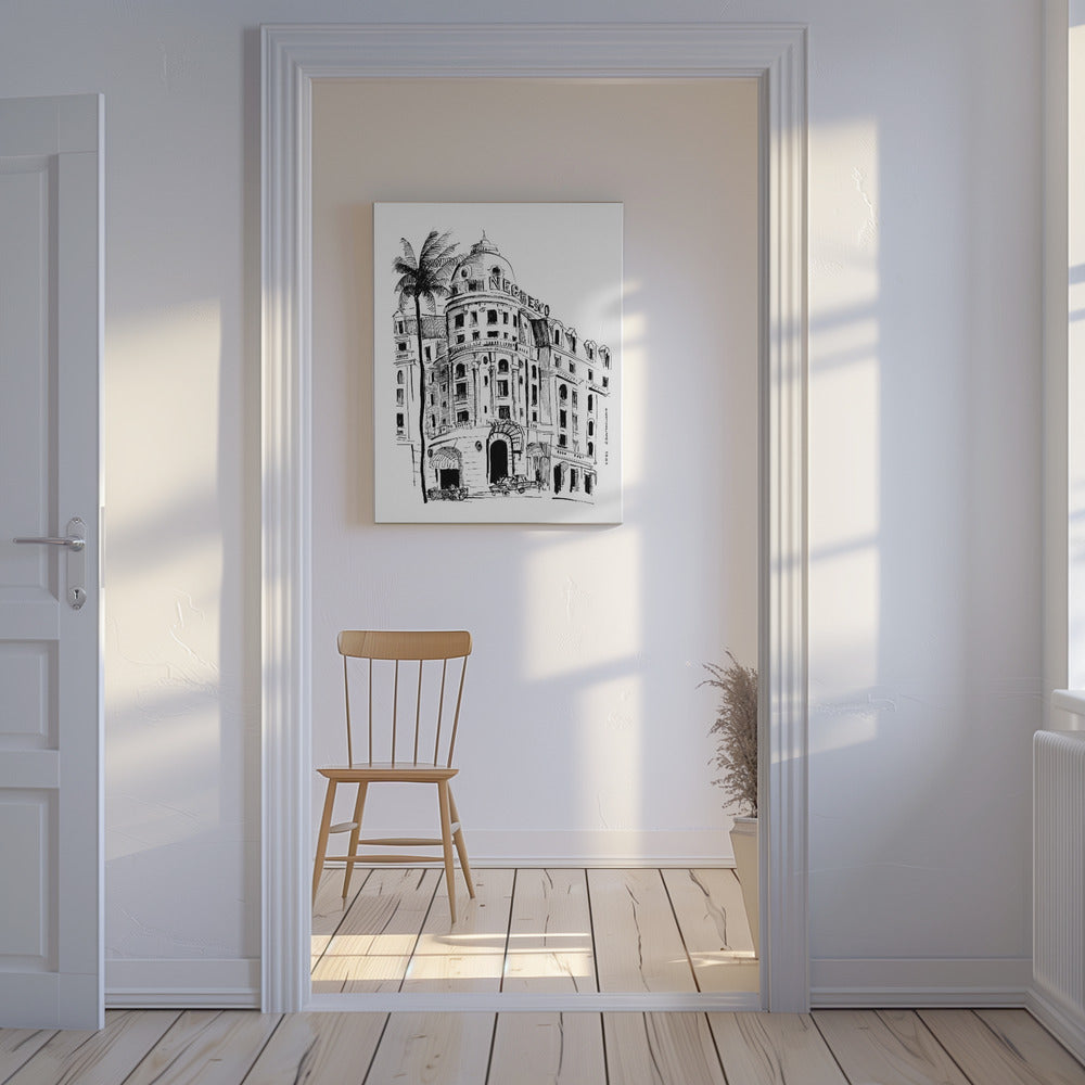 Nice, Lazurowe Wybrzeże, wydruk artystyczny z rysunkiem architektonicznym hotelu Negresco | Wydruki na łótnie