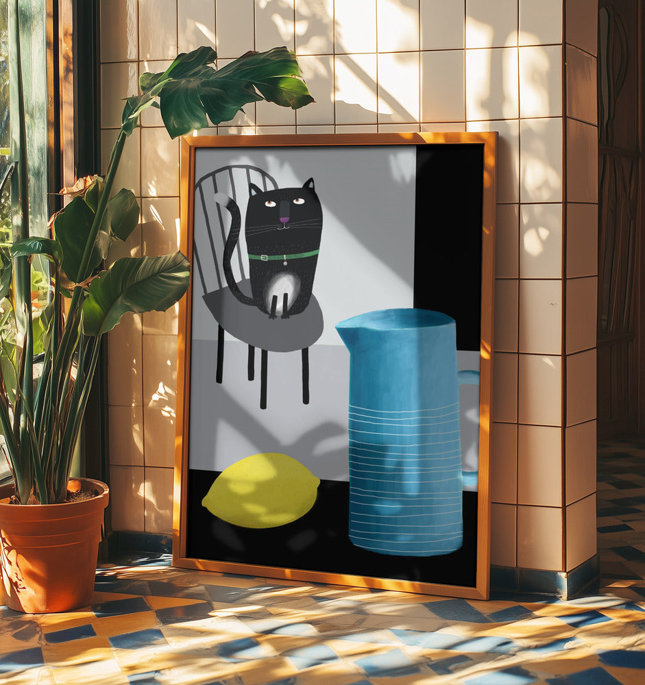 Cute Black Cat sitting on a Chair with Blue Vase and Lemon | Poster