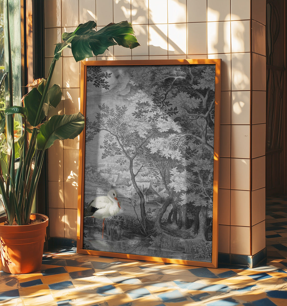 Vintagelandskap med stork | Poster
