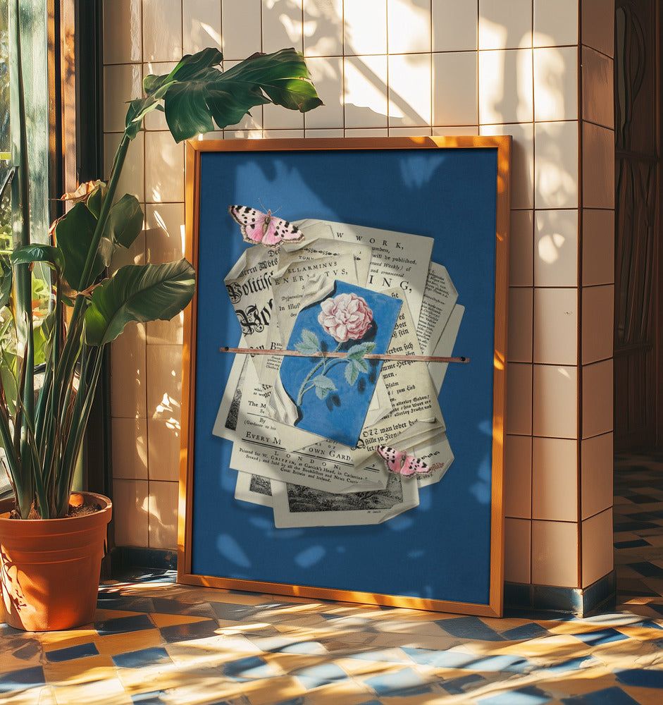 Pink Rose Surrounded By Vintage Paper | Poster