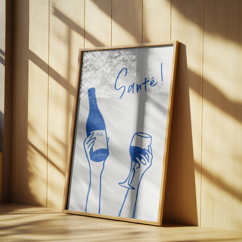 Hands holding a wine bottle and a wine glass with the text "Cheers!" in French | Poster