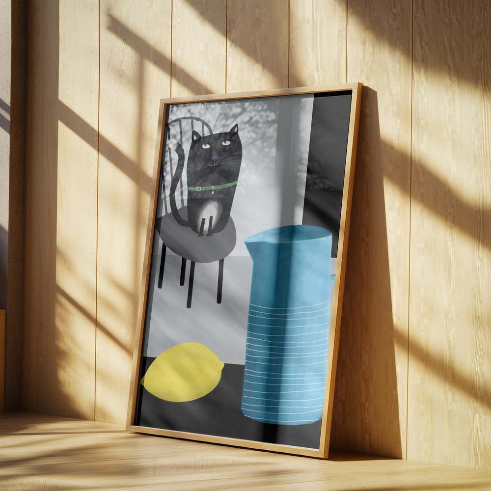Cute Black Cat sitting on a Chair with Blue Vase and Lemon | Poster