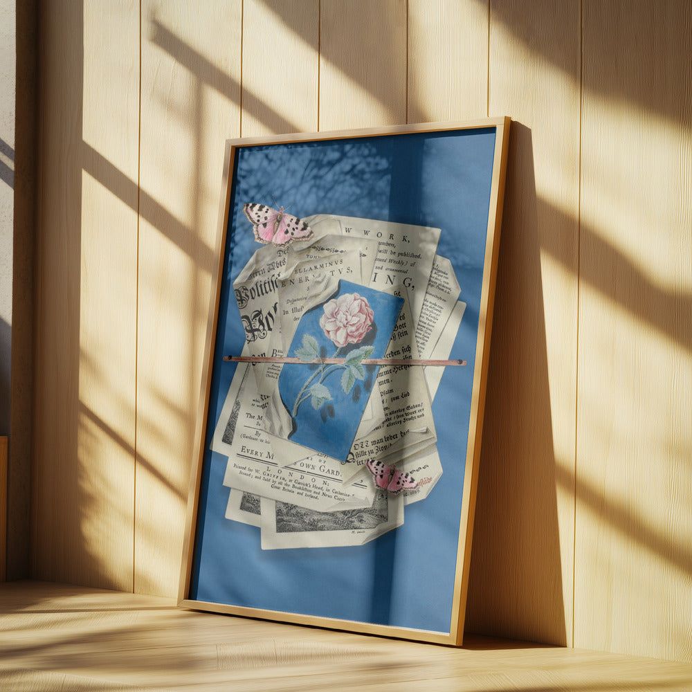 Pink Rose Surrounded By Vintage Paper | Poster