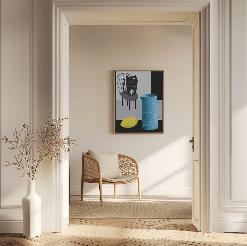 Cute Black Cat sitting on a Chair with Blue Vase and Lemon | Poster