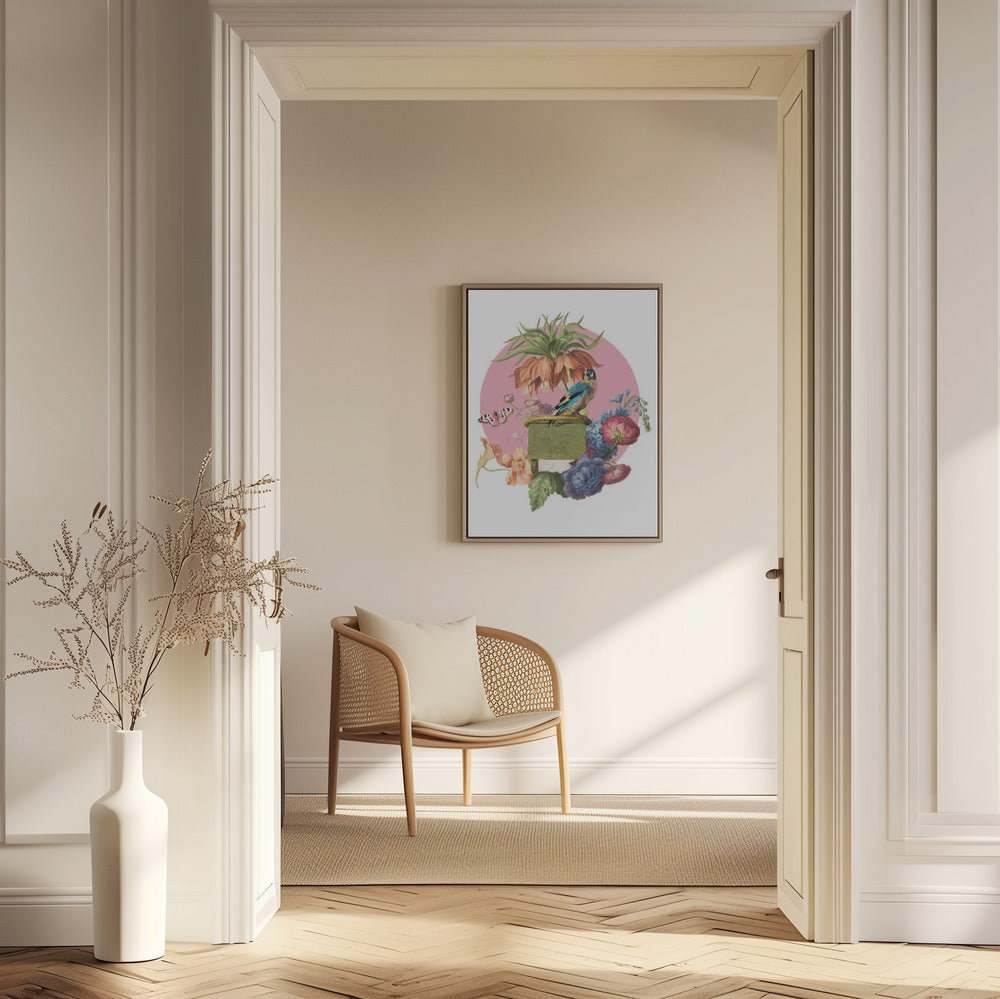 Bunter Vogel auf einer Kiste | Poster