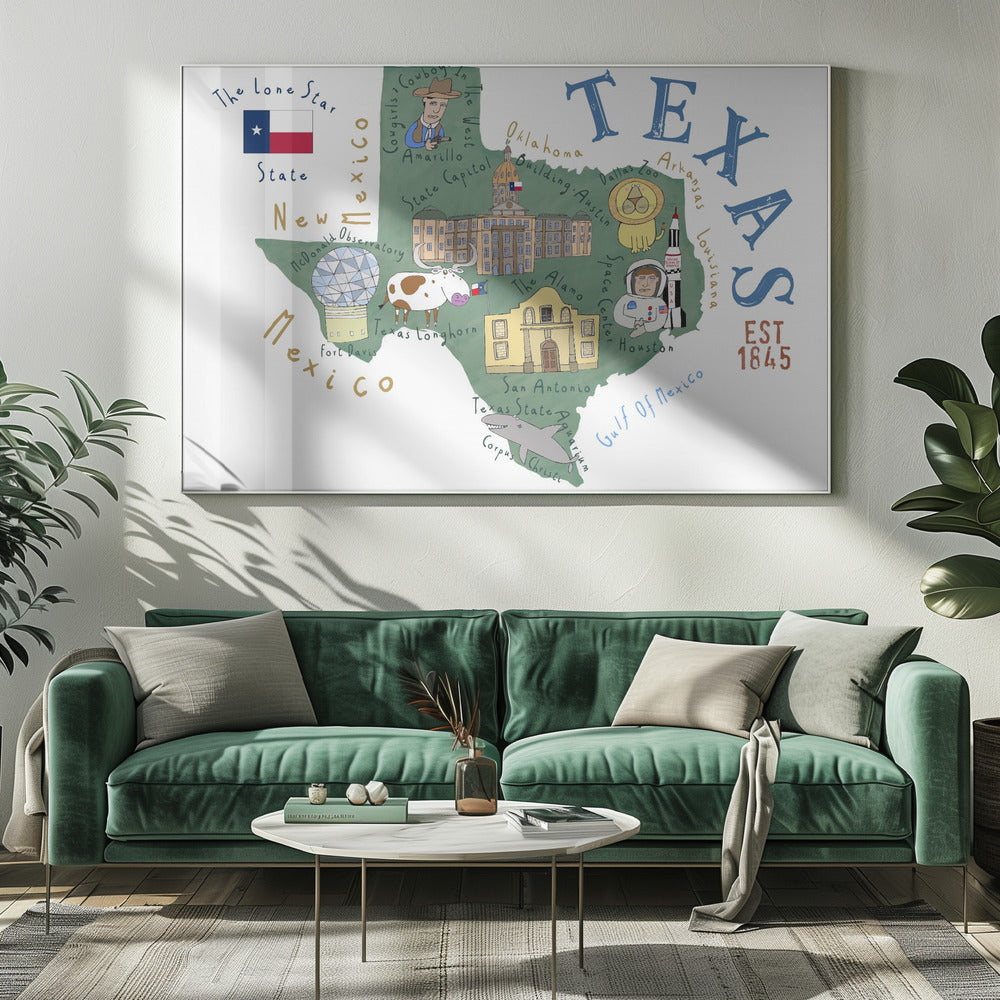 Mapa del estado de Texas ilustrado por la artista Carla Daly | Impresiones en Lienzo