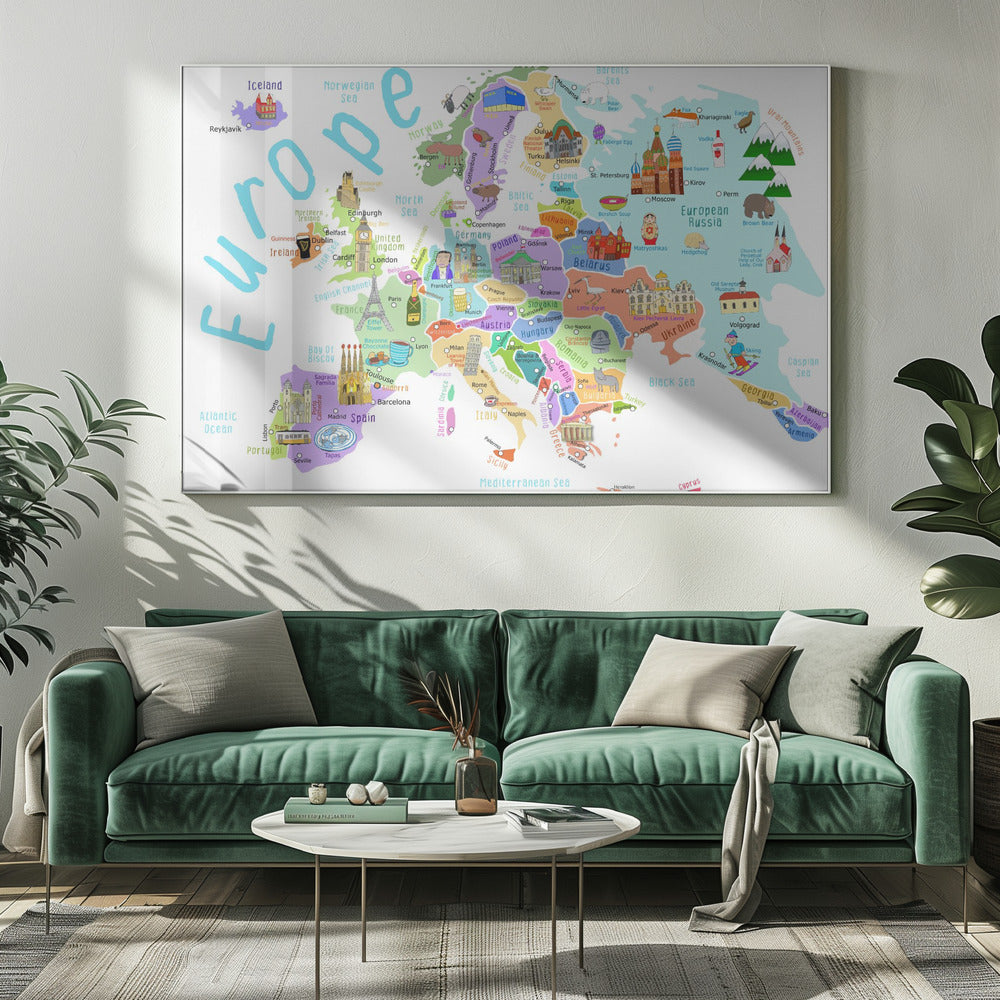 Mapa ilustrado de Europa por la ilustradora de mapas Carla Daly | Impresiones en Lienzo