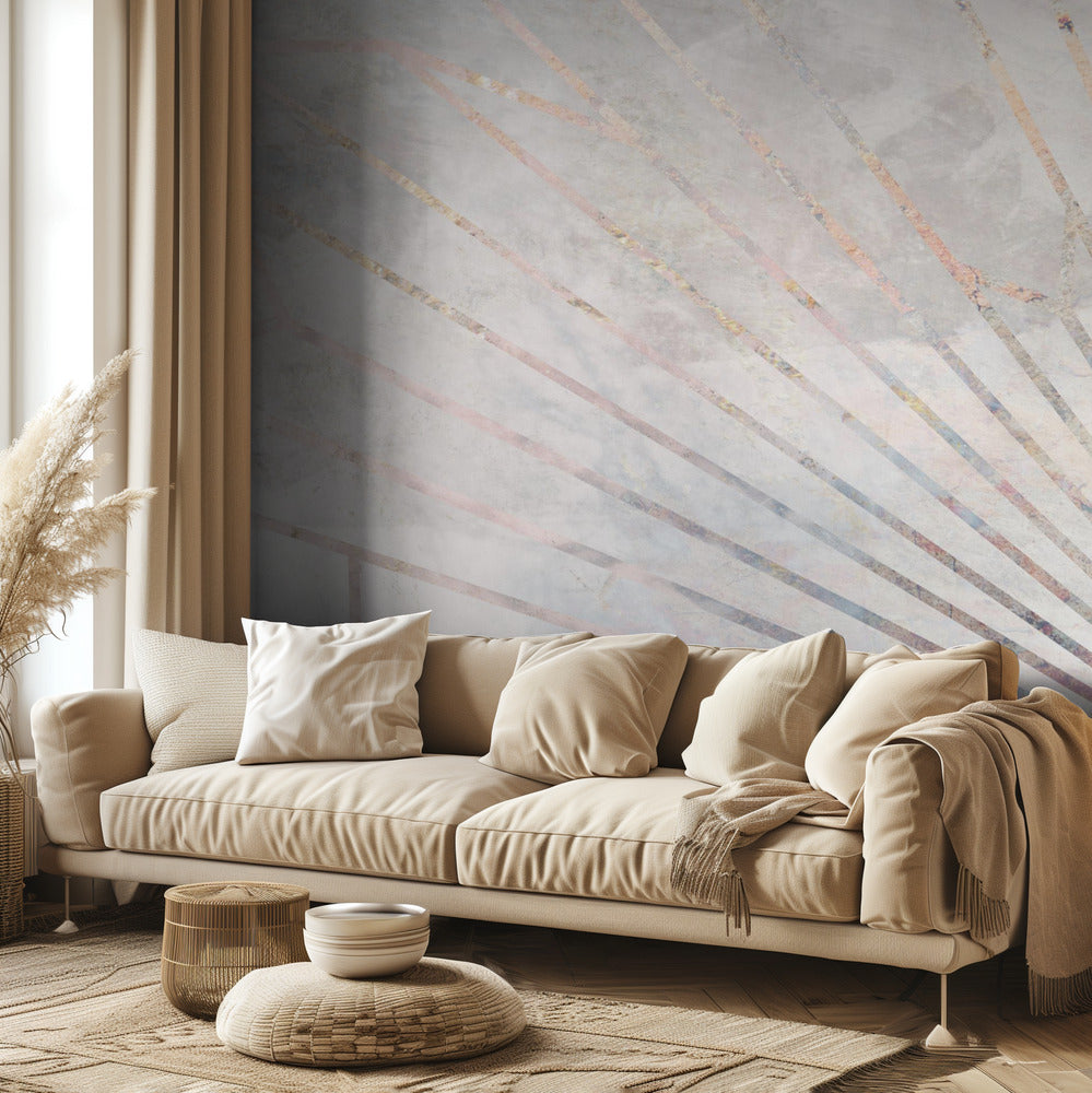 Mural geométrico dorado con rayos de sol en hormigón | Papel Pintado Fotográfico
