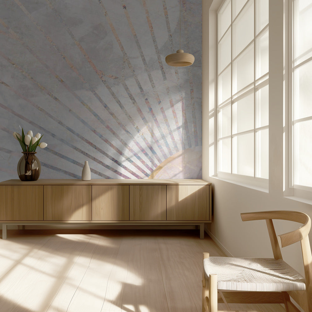Mural geométrico dorado con rayos de sol en hormigón | Papel Pintado Fotográfico