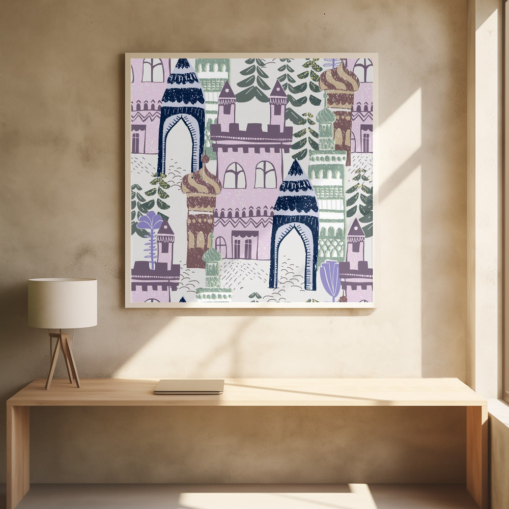 Blocktryck Hem slottmönster lila blå | Poster