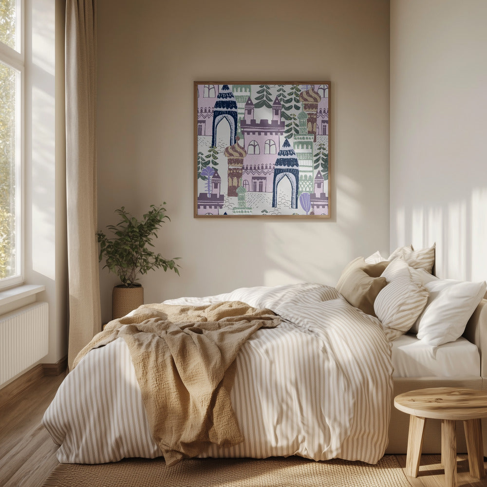 Blocktryck Hem slottmönster lila blå | Poster